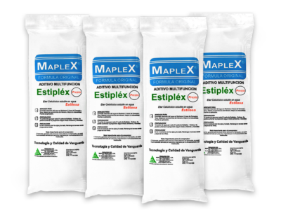 Aditivo multiusos Maplex Estíplex en bolsas blancas, ideal para construcciones y obras de ingeniería.