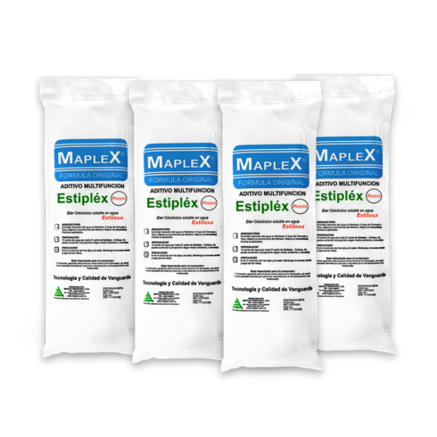 Aditivo multiusos Maplex Estíplex en bolsas blancas, ideal para construcciones y obras de ingeniería.